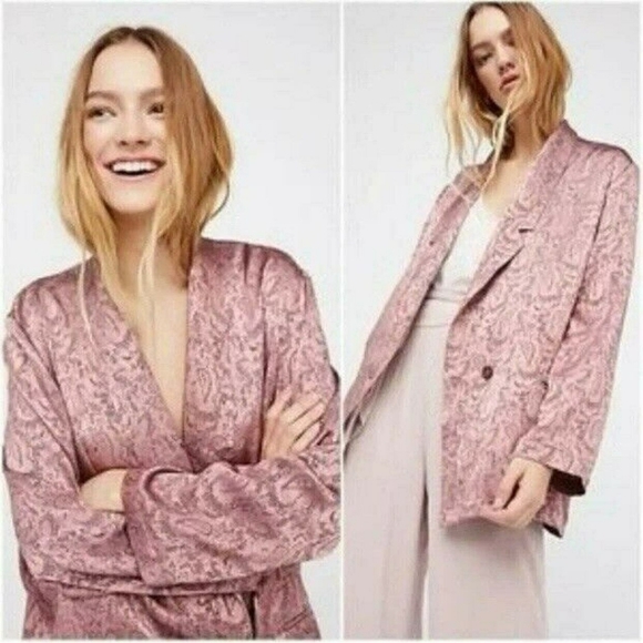 Free People silky jacquard paisley long one button pink purple blazer jacket S - Picture 1 of 10